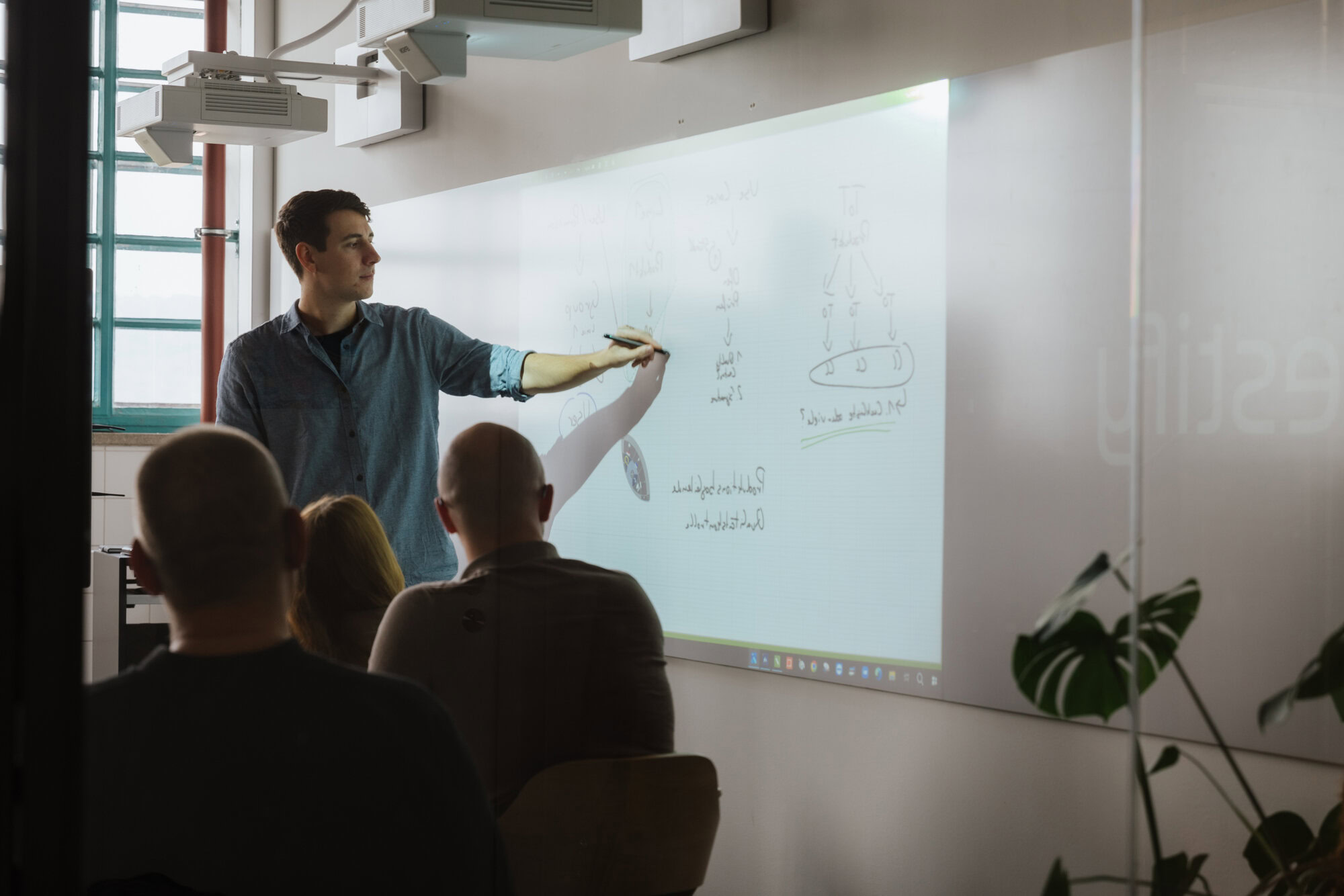 Solution Architect von Testify erklärt einer Gruppe den Prüfprozess am Whiteboard