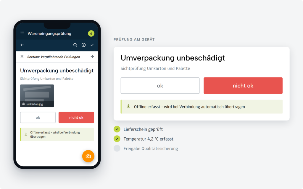 Testify App: Prüfung mit ok/nicht-ok-Auswahl und Offline-Hinweis auf dem Smartphone