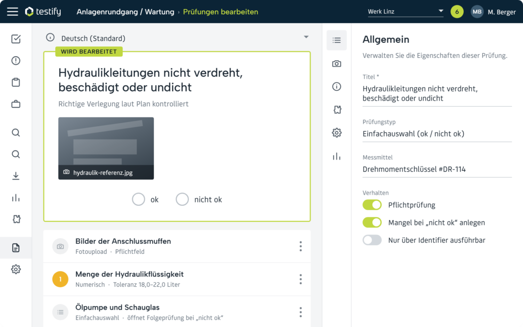 Testify Vorlagen-Designer: Prüfung mit Typ, Messmittel und Verhalten konfigurieren