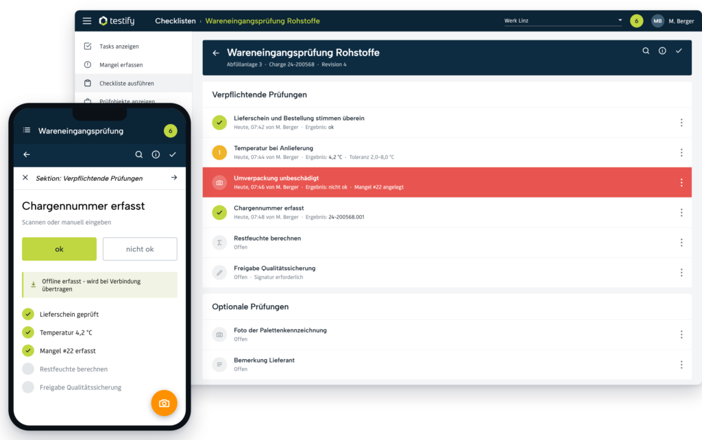 Testify Wareneingangsprüfung am Desktop und auf dem Smartphone