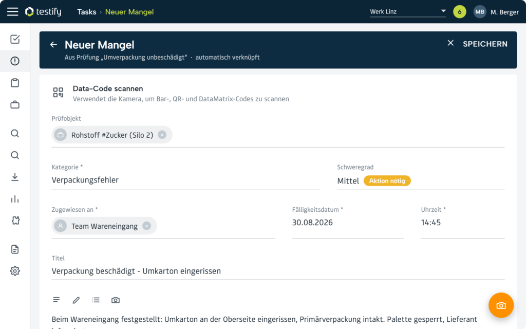 Mangel in Testify erfassen: Prüfobjekt, Kategorie, Schweregrad und Zuweisung